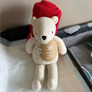 Cream Knit Teddy Bear with Red Blanket